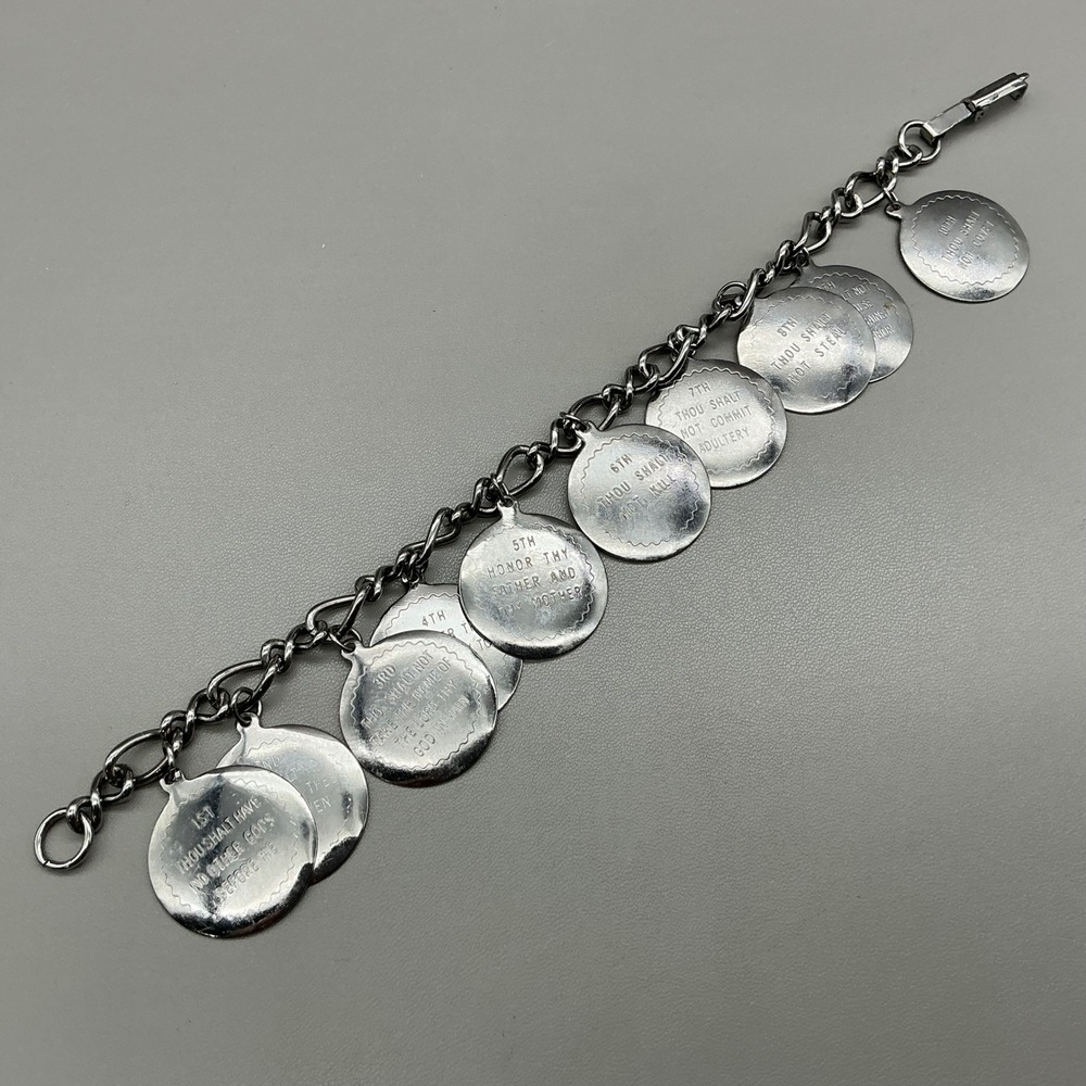 Vintage Bracelet Ten Commandments Silver Tone 10 Charm Christian Religious 8"